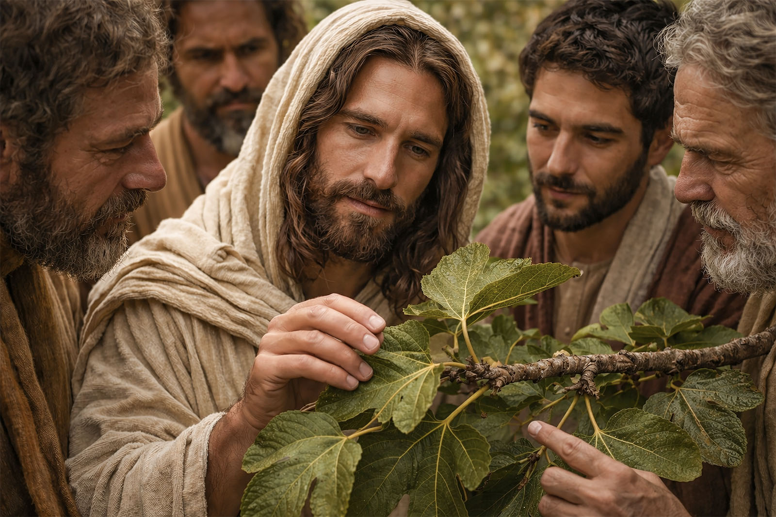 Jesus examining the fig tree that bore leaves but no fruit.